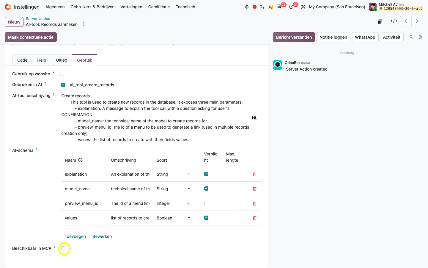 Elke AI-tool is in Odoo 20 een serveractie. Het vinkje Beschikbaar in MCP bepaalt of een externe AI hem mag gebruiken.