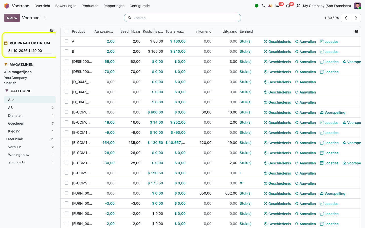 Het voorraadrapport in Odoo 20 met links de nieuwe datumkiezer Voorraad op datum.