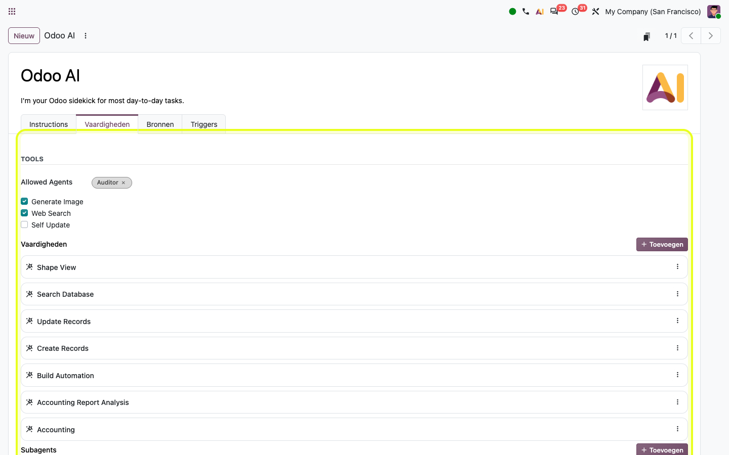 Het formulier van een AI-agent in Odoo 20: tabbladen voor instructies, vaardigheden, bronnen en triggers.