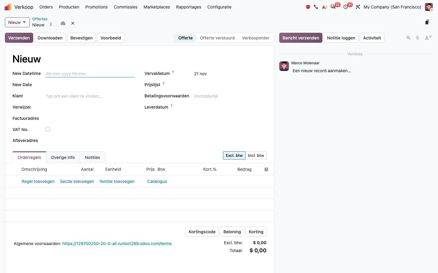 Een nieuwe offerte in Odoo 20 met het veld Offertesjabloon en een sectie in de orderregels.