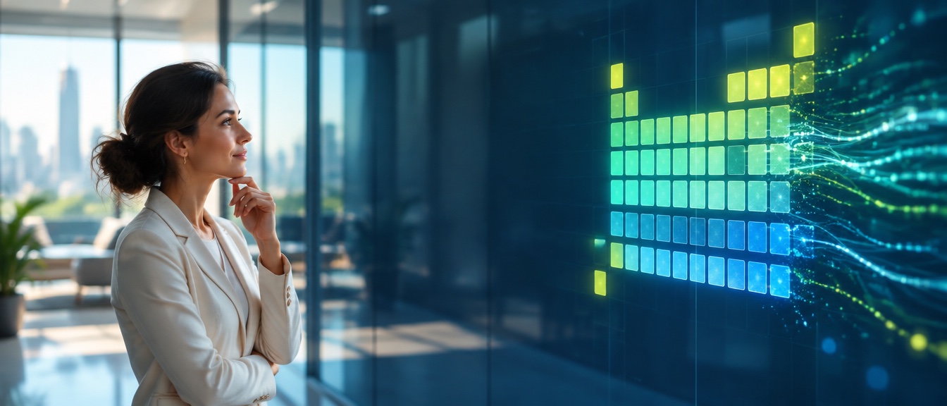 Iemand bekijkt een periodiek systeem op een glaswand dat overgaat in digitale data