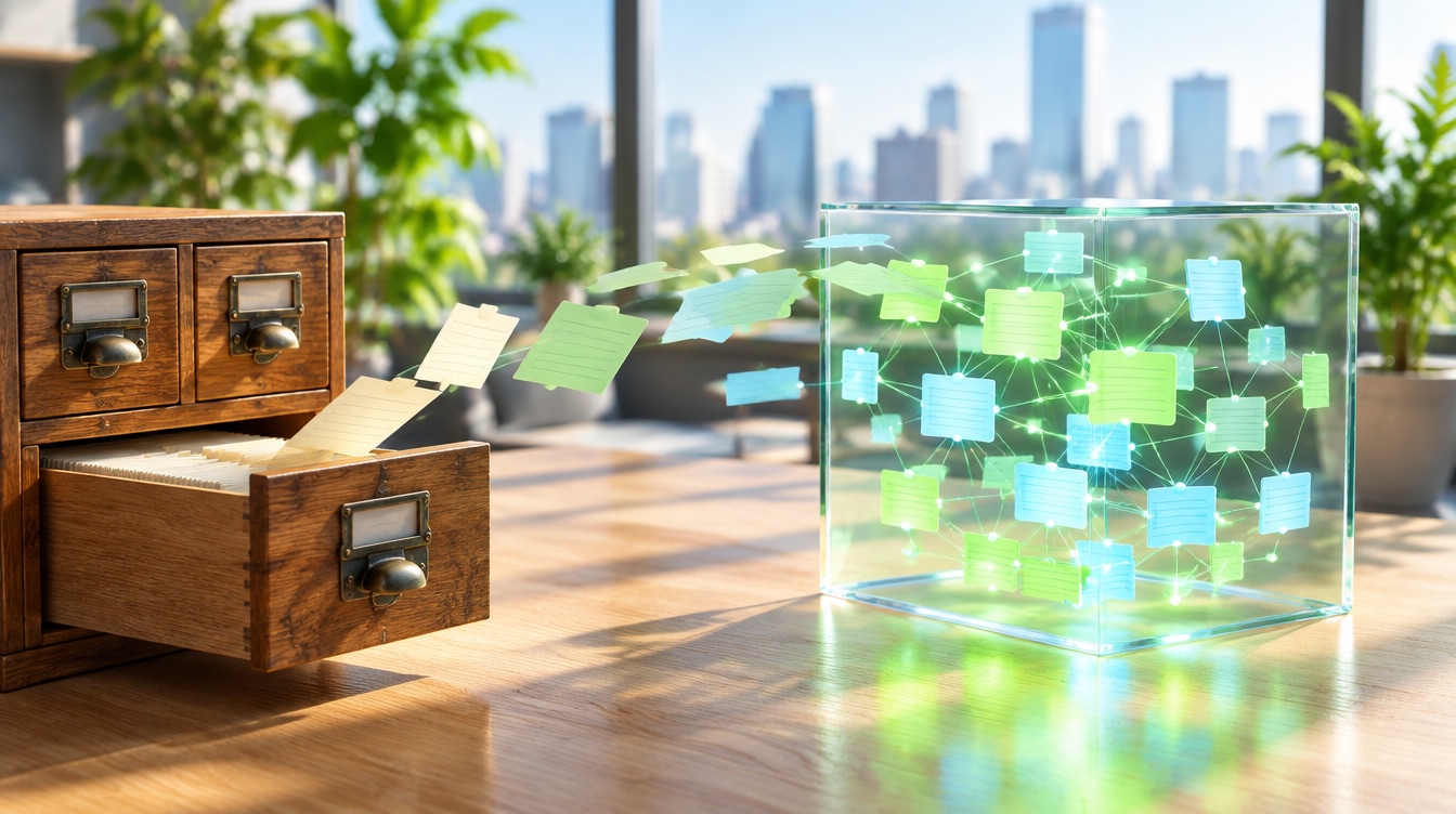 A card index whose cards float into a glass cube holding a glowing network of notes