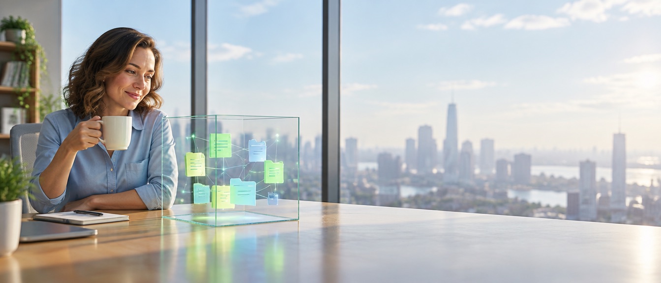 A colleague with coffee looks at a glass box holding a glowing network of notes